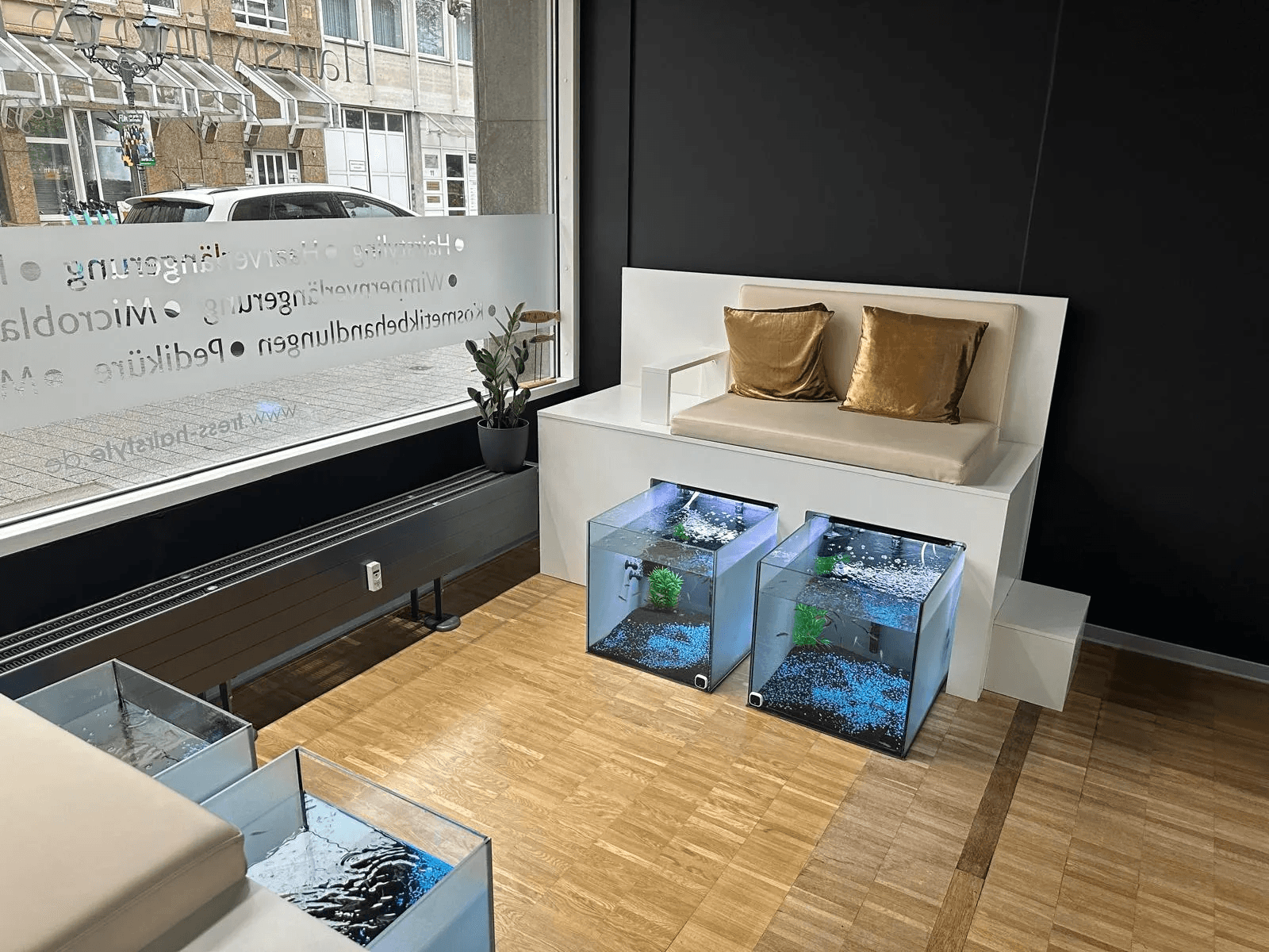 Fishspa-Bereich im Salon mit Aquarien und Sitzplätzen